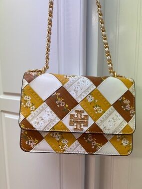 Tory Burch Patchwork Floral Leather Shoulder Bag in White, Brown & Mustard